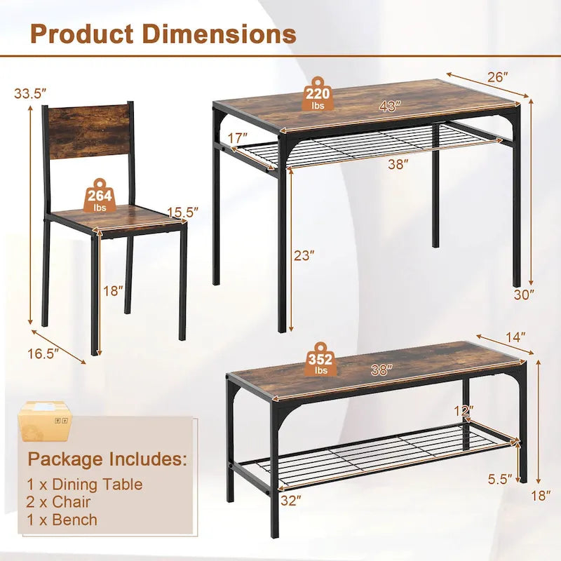 Costway Ensemble table à manger pour 4 personnes Table rectangulaire avec 2 chaises, 1