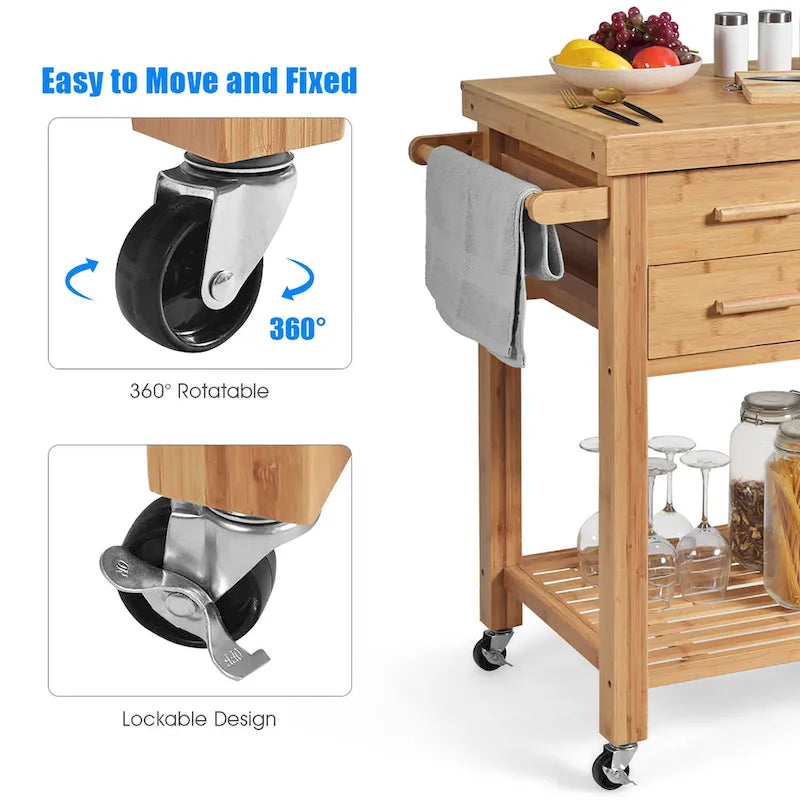 Chariot de cuisine Costway en bambou avec îlot roulant en bois et étagère à tour