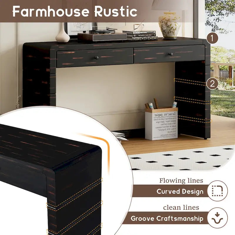 Console d'entrée en bois courbé avec rangement, 2 tiroirs, rustique