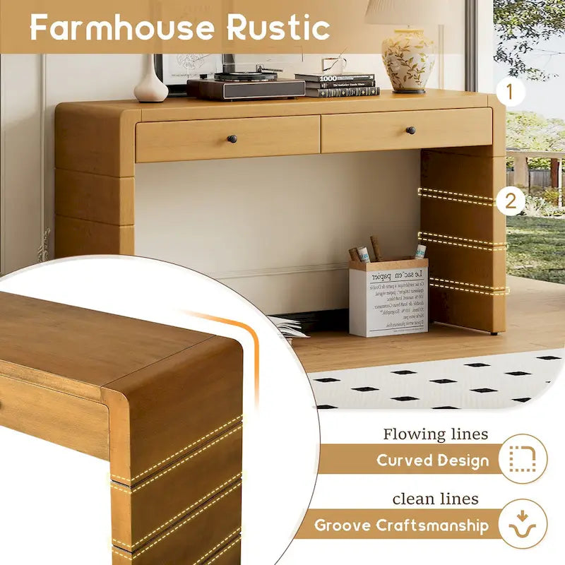Console d'entrée en bois courbé avec rangement, 2 tiroirs, rustique