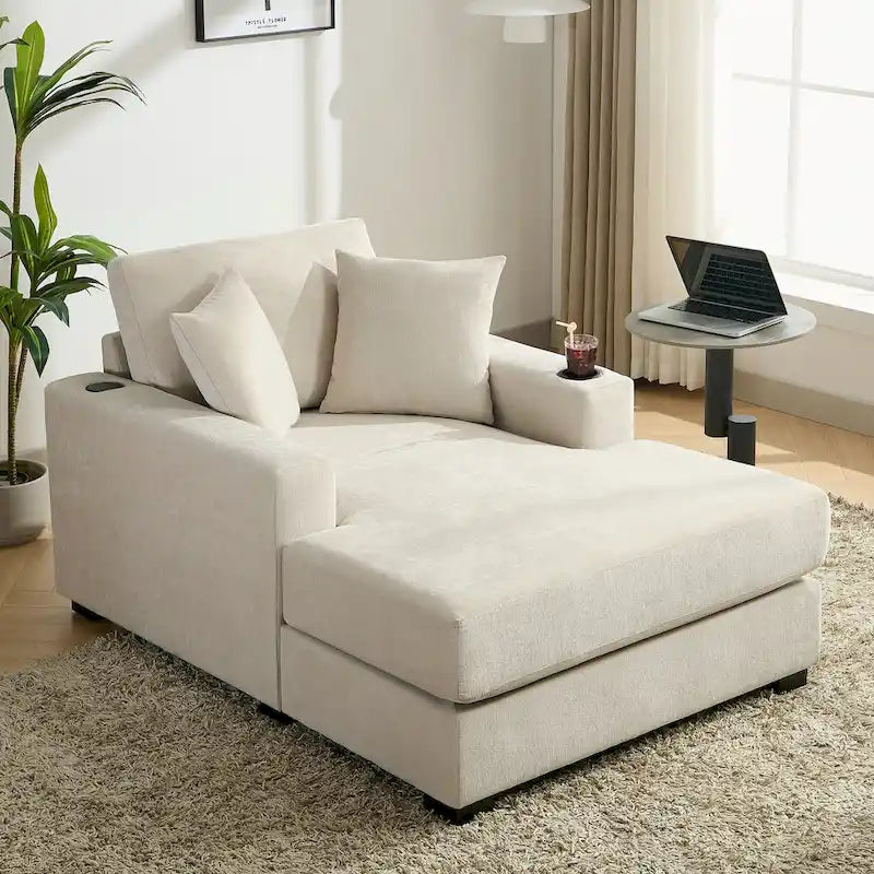 Chaise longue surdimensionnée Canapé moderne avec oreillers, station de charge et porte-gobelets