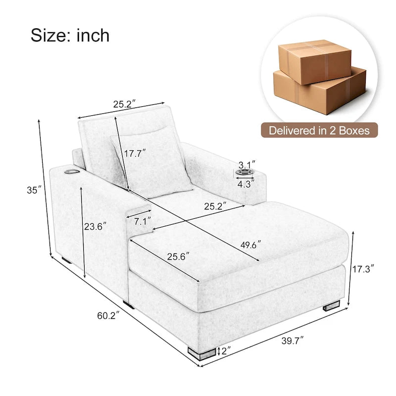 Chaise longue surdimensionnée Canapé moderne avec oreillers, station de charge et porte-gobelets