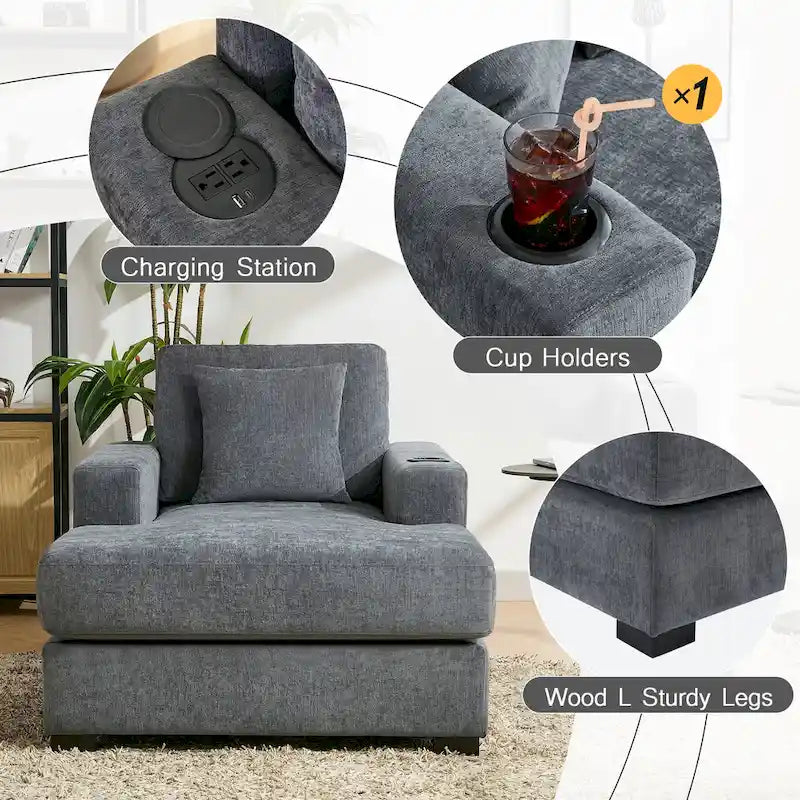 Chaise longue surdimensionnée Canapé moderne avec oreillers, station de charge et porte-gobelets