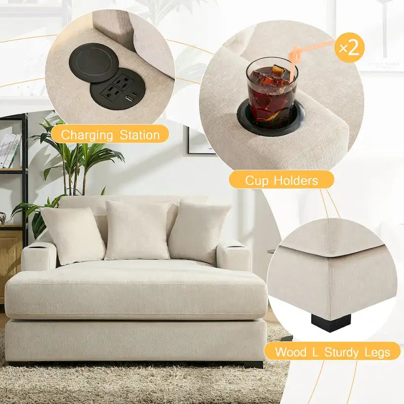 Chaise longue surdimensionnée Canapé moderne avec oreillers, station de charge et porte-gobelets