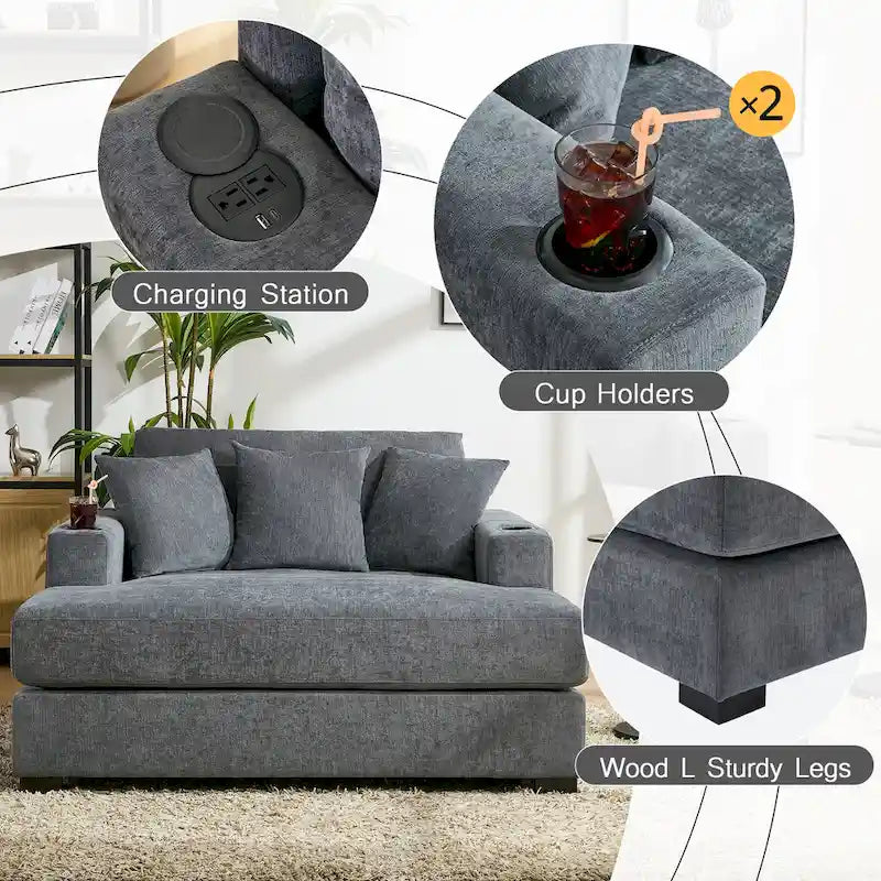 Chaise longue surdimensionnée Canapé moderne avec oreillers, station de charge et porte-gobelets