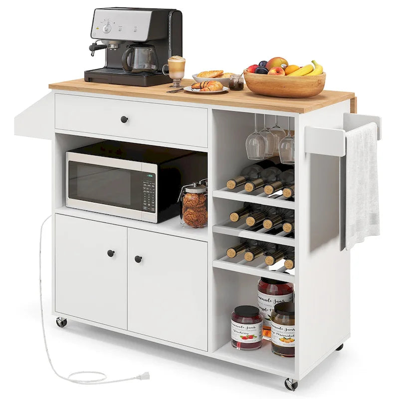 Chariot d'îlot de cuisine Gymax avec abattant et prise de courant, étagère pour micro-ondes