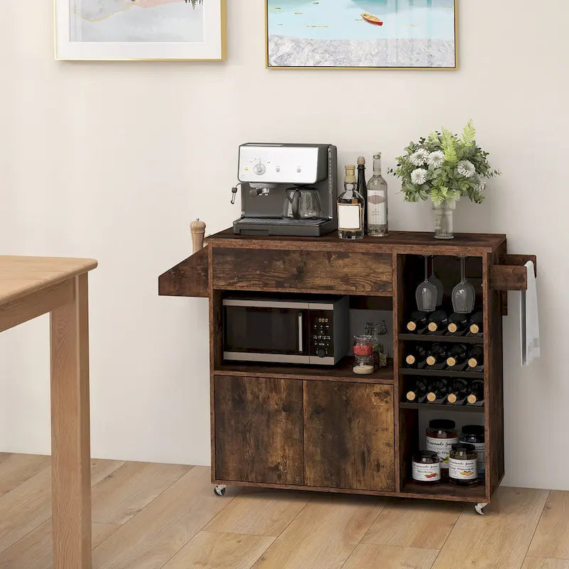 Chariot d'îlot de cuisine Gymax avec abattant et prise de courant, étagère pour micro-ondes