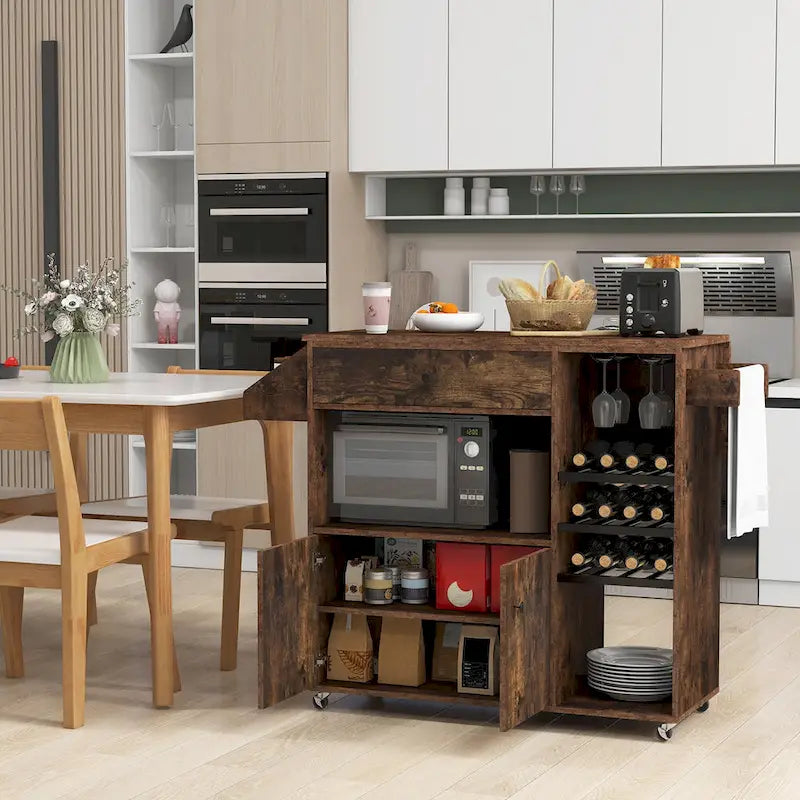 Chariot d'îlot de cuisine Gymax avec abattant et prise de courant, étagère pour micro-ondes