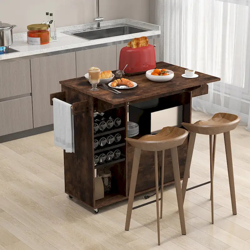 Chariot d'îlot de cuisine Gymax avec abattant et prise de courant, étagère pour micro-ondes