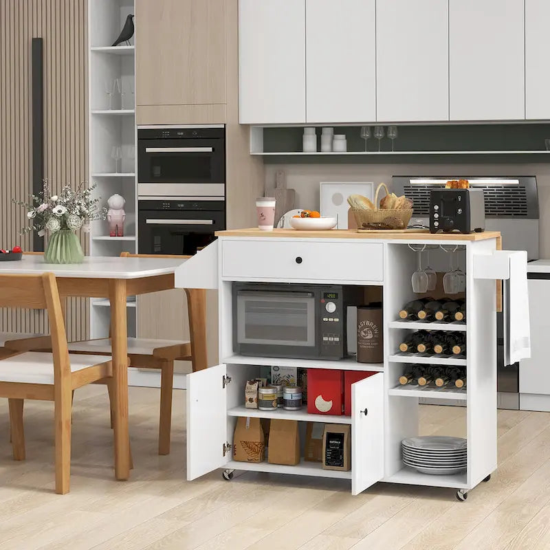 Chariot d'îlot de cuisine Gymax avec abattant et prise de courant, étagère pour micro-ondes