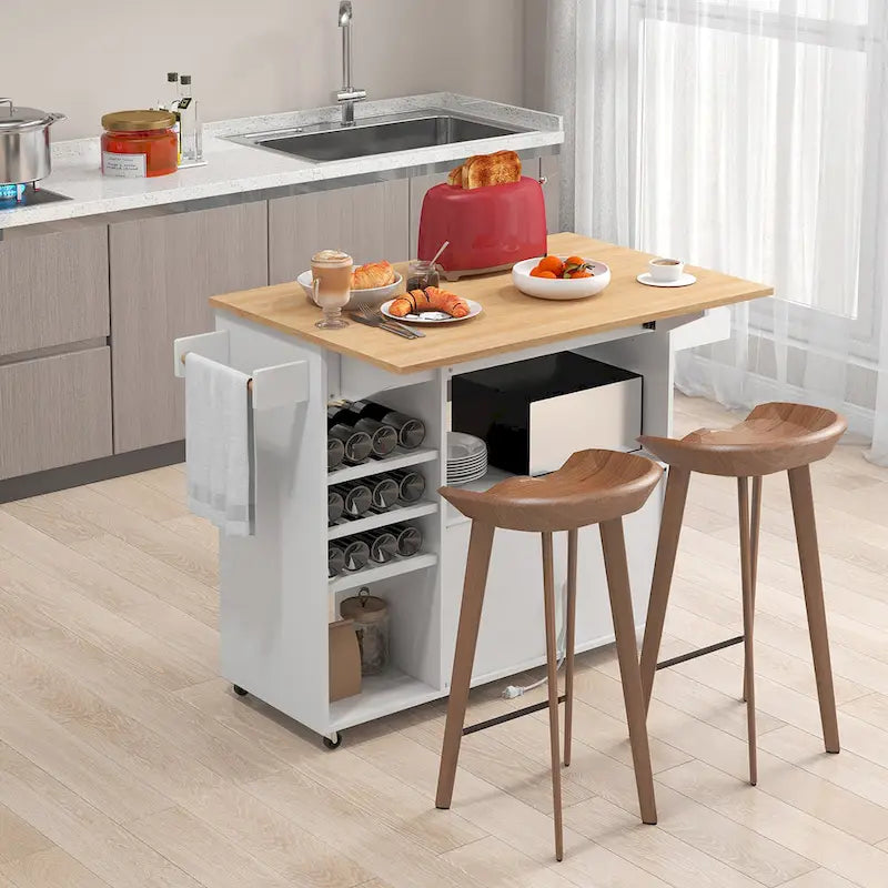 Chariot d'îlot de cuisine Gymax avec abattant et prise de courant, étagère pour micro-ondes
