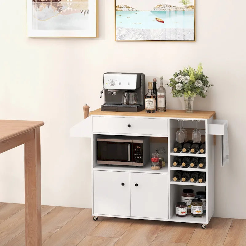 Chariot d'îlot de cuisine Gymax avec abattant et prise de courant, étagère pour micro-ondes