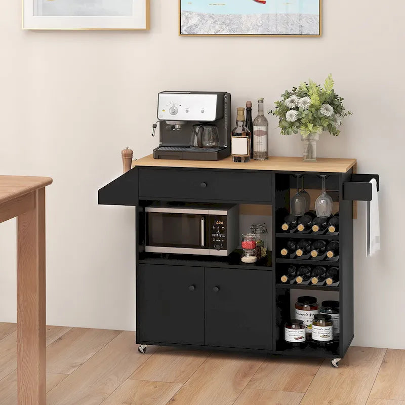 Chariot d'îlot de cuisine Gymax avec abattant et prise de courant, étagère pour micro-ondes