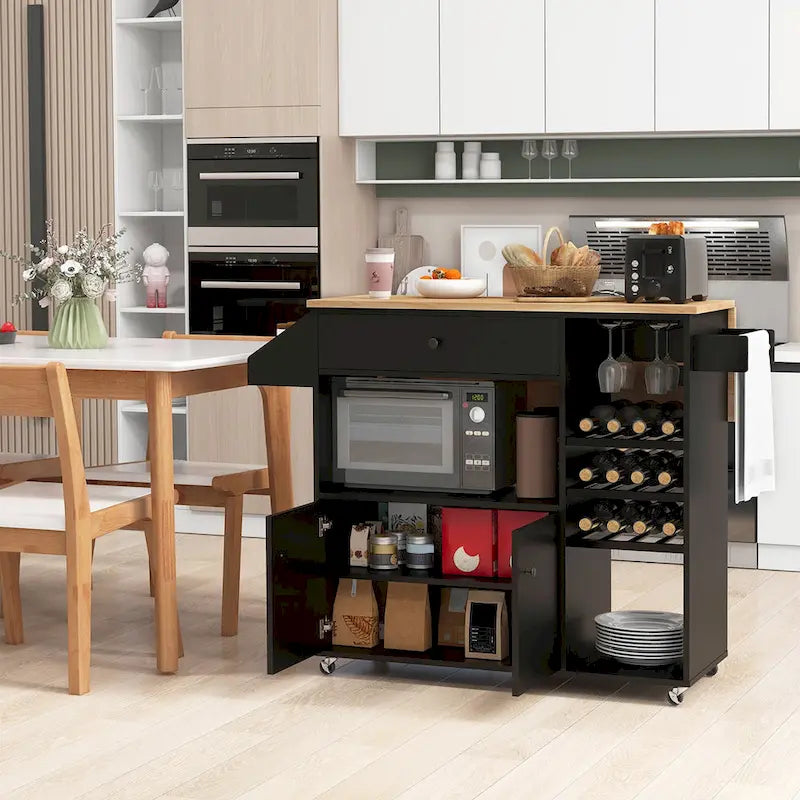 Chariot d'îlot de cuisine Gymax avec abattant et prise de courant, étagère pour micro-ondes