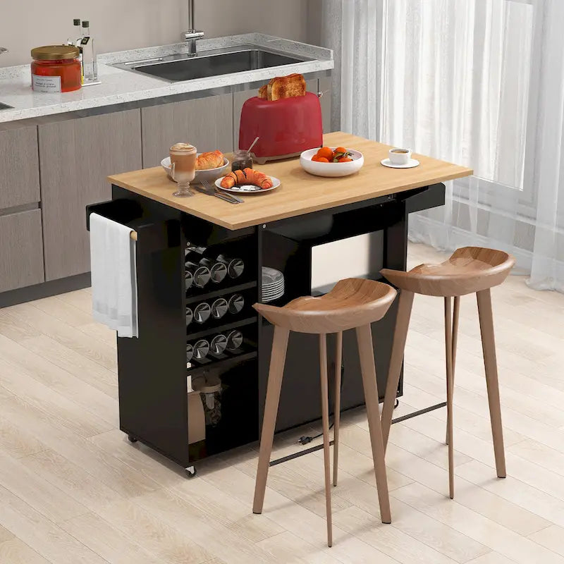 Chariot d'îlot de cuisine Gymax avec abattant et prise de courant, étagère pour micro-ondes