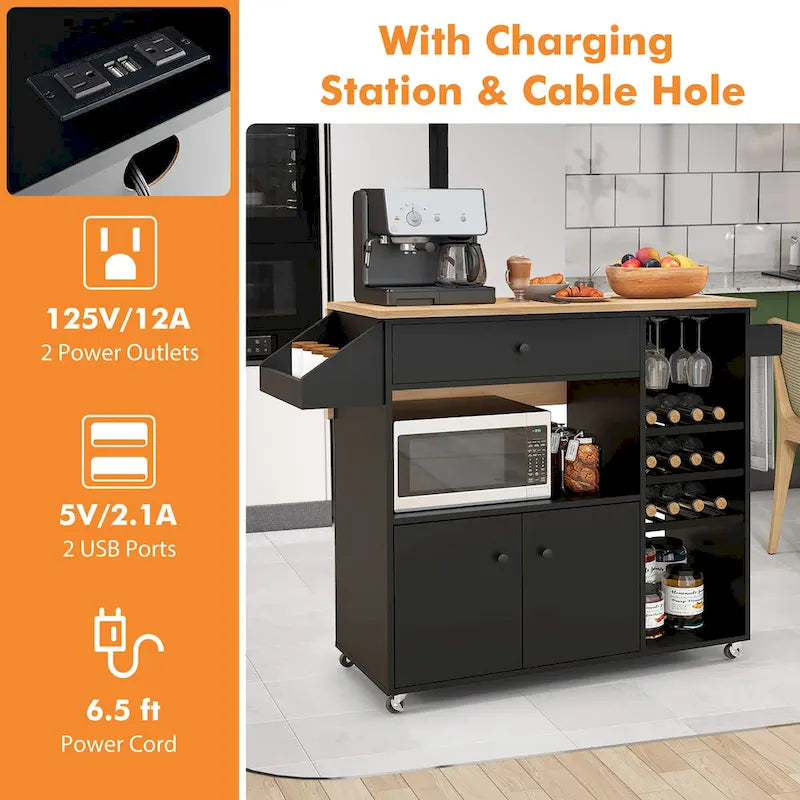 Chariot d'îlot de cuisine Gymax avec abattant et prise de courant, étagère pour micro-ondes