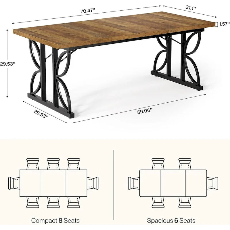 Table de salle à manger 71 po pour 6, Table de cuisine de ferme avec cadre en métal