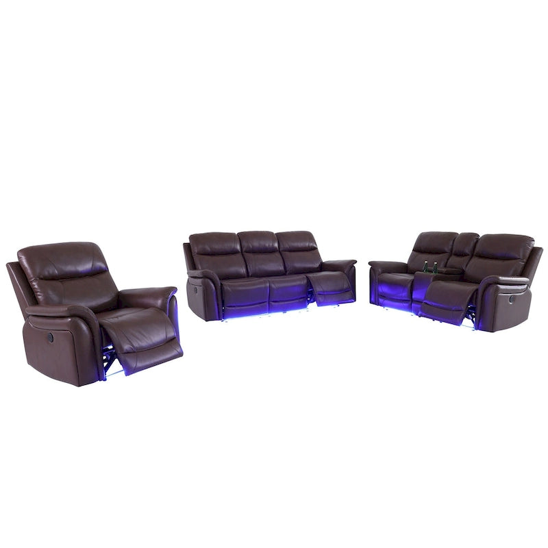 Ensemble de canapés inclinables 3 pièces en cuir respirant avec LED pour salon