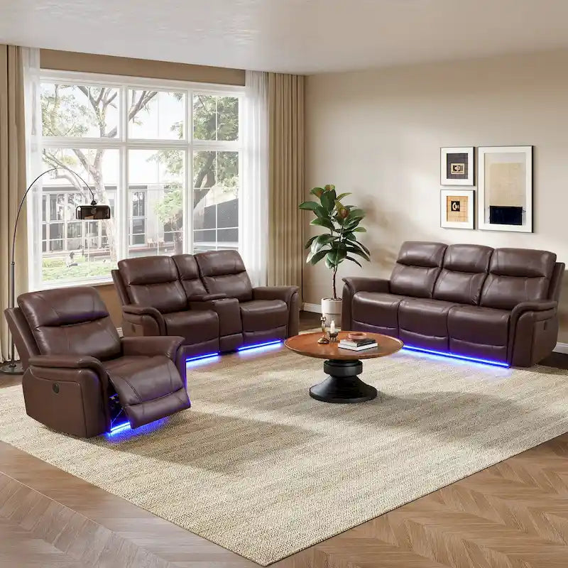 Ensemble de canapés inclinables 3 pièces en cuir respirant avec LED pour salon