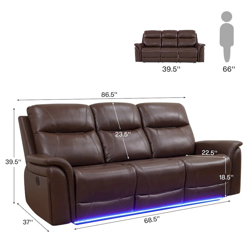 Ensemble de canapés inclinables 3 pièces en cuir respirant avec LED pour salon