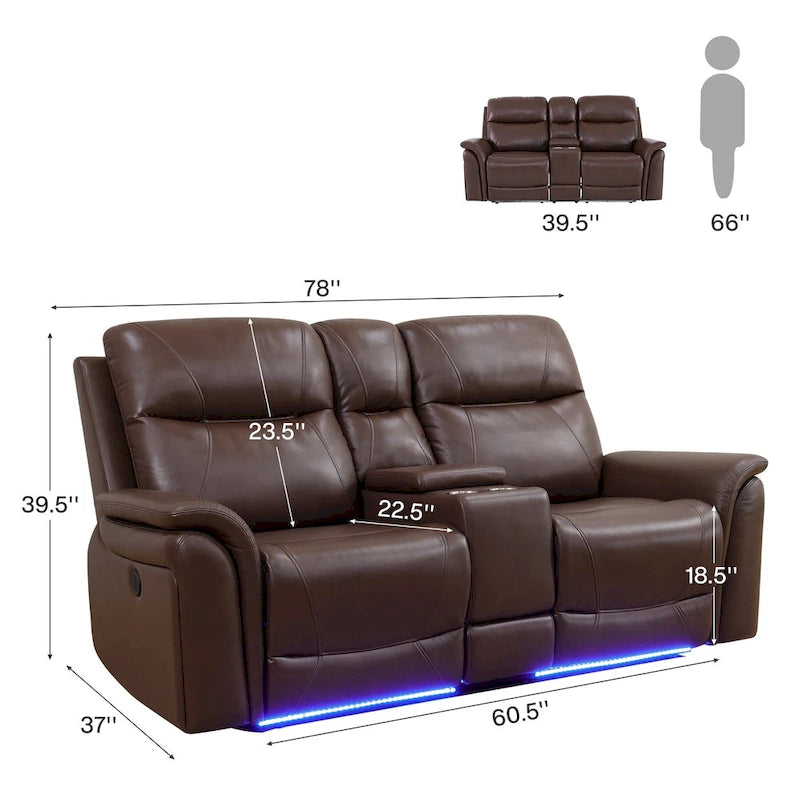 Ensemble de canapés inclinables 3 pièces en cuir respirant avec LED pour salon
