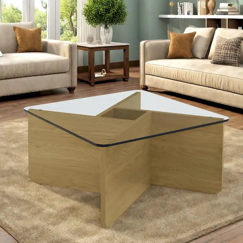 Table basse moderne en MDF de 31,5 po - Plateau en verre trempé et base en MDF pour usage intérieur/extérieur