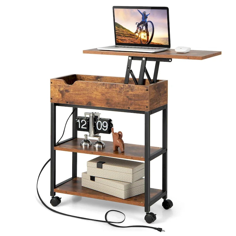 Table d'appoint relevable Gymax avec station de charge, étagères de rangement et roulettes