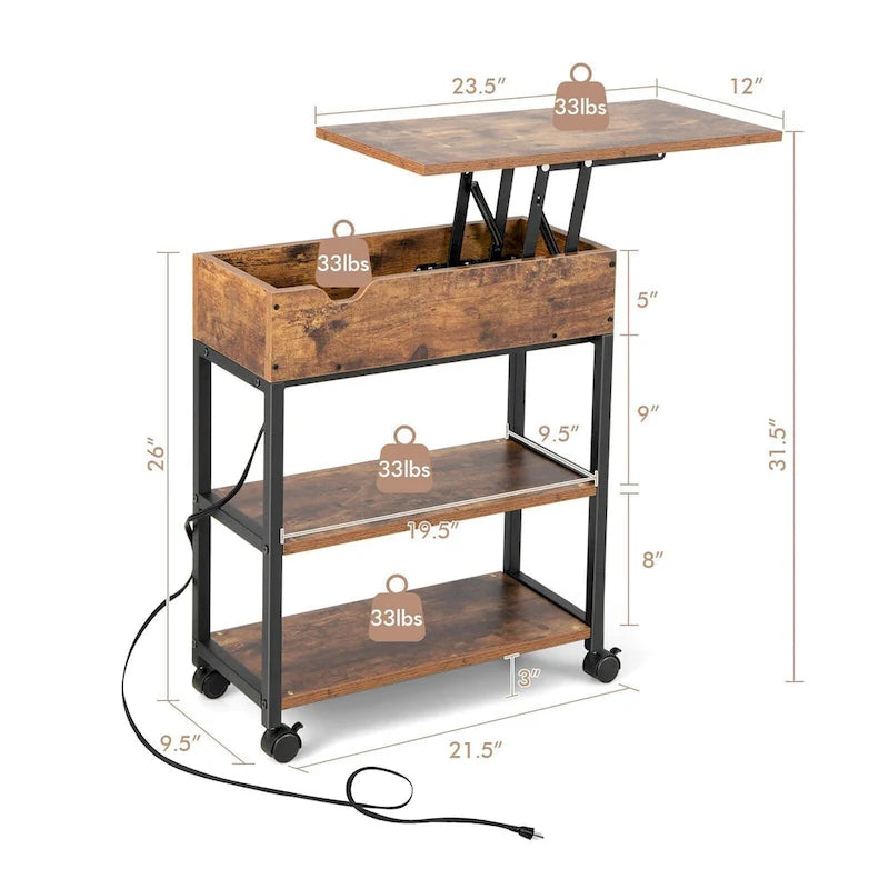 Table d'appoint relevable Gymax avec station de charge, étagères de rangement et roulettes