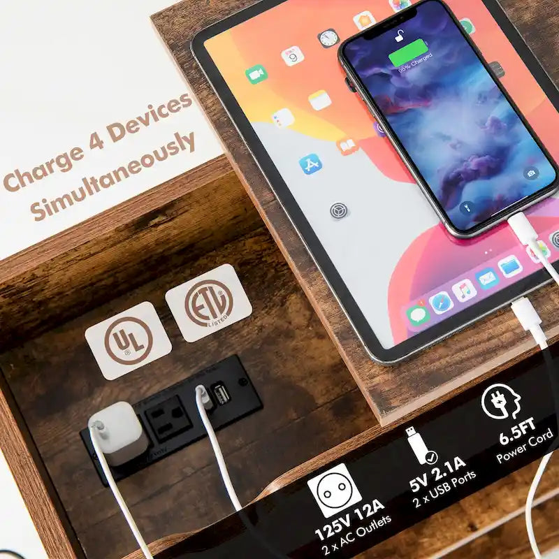Table d'appoint relevable Gymax avec station de charge, étagères de rangement et roulettes