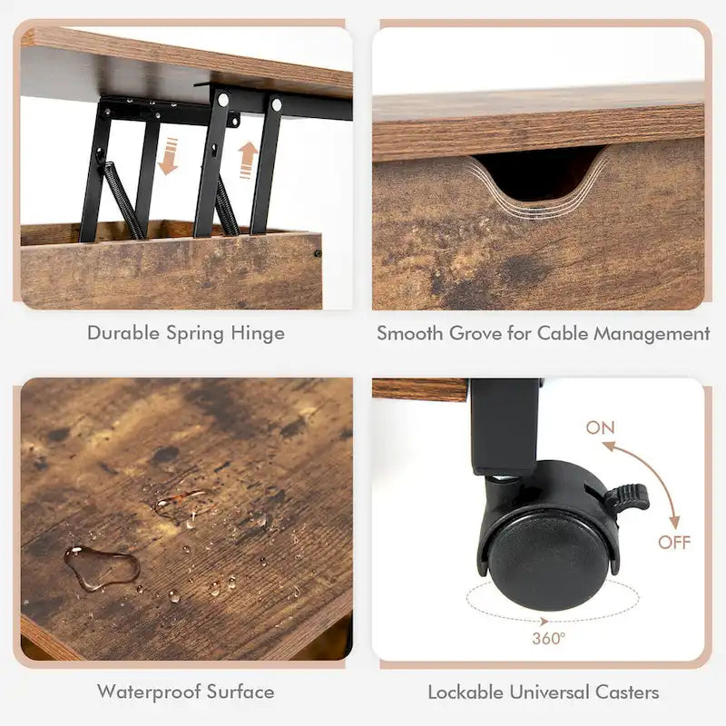 Table d'appoint relevable Gymax avec station de charge, étagères de rangement et roulettes