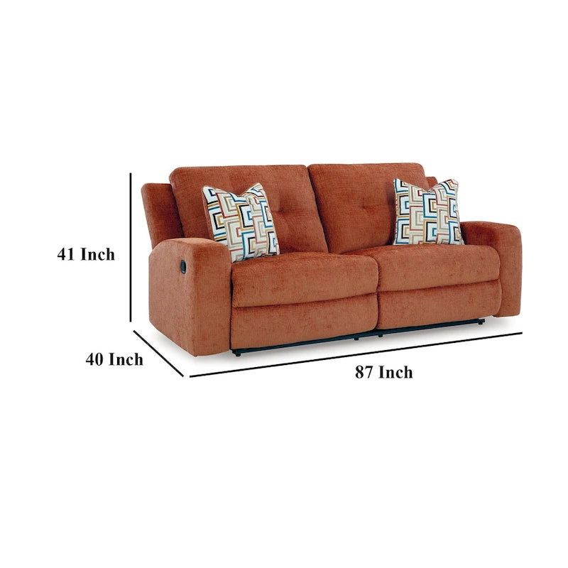 Canapé inclinable manuel Genna, polyester orange épicé, 2 oreillers 87 pouces