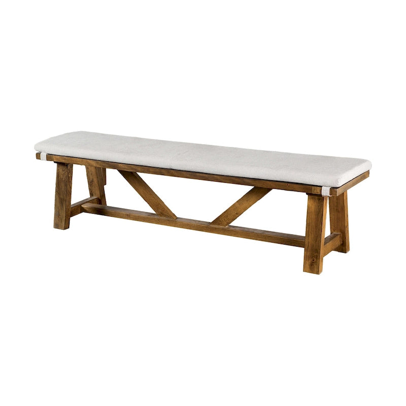 Banc de salle à manger Jule, piètement tréteaux, 175 cm, bois marron avec assise blanc cassé