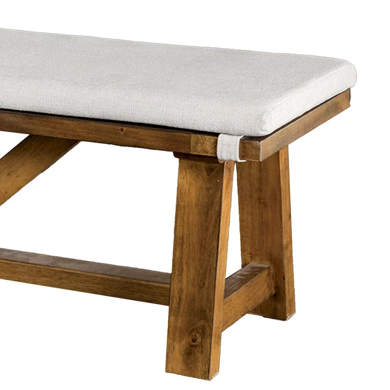Banc de salle à manger Jule, piètement tréteaux, 175 cm, bois marron avec assise blanc cassé