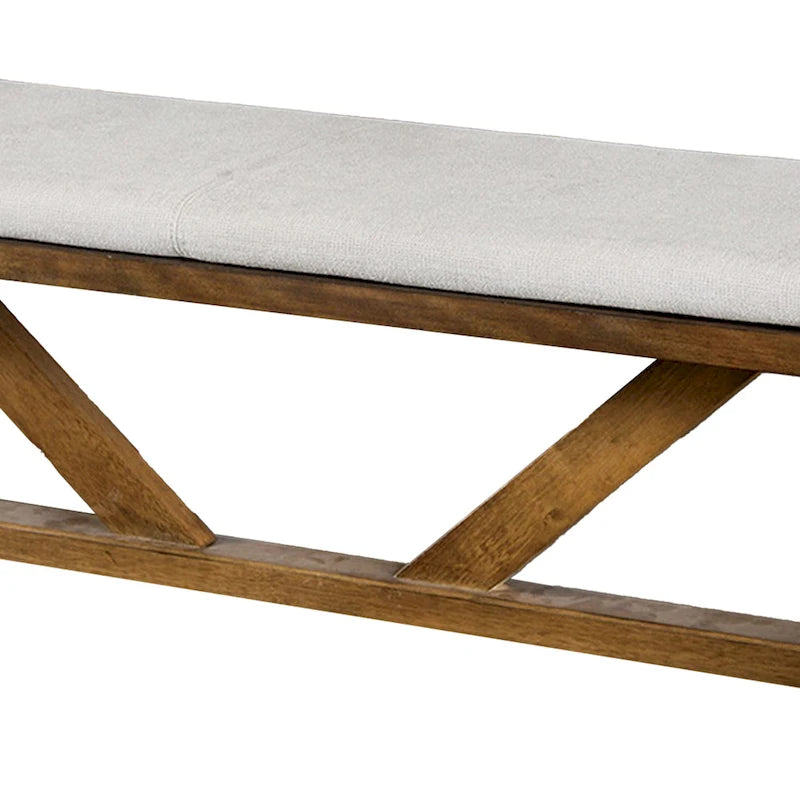 Banc de salle à manger Jule, piètement tréteaux, 175 cm, bois marron avec assise blanc cassé