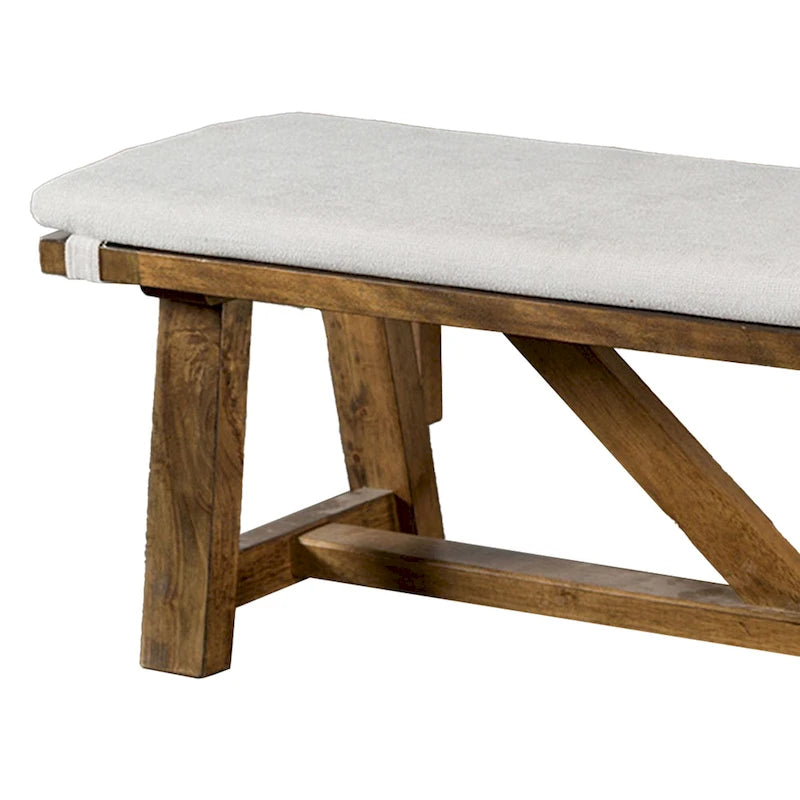 Banc de salle à manger Jule, piètement tréteaux, 175 cm, bois marron avec assise blanc cassé