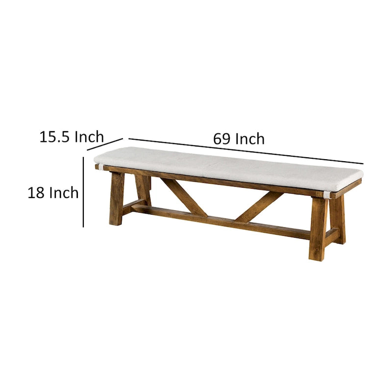 Banc de salle à manger Jule, piètement tréteaux, 175 cm, bois marron avec assise blanc cassé