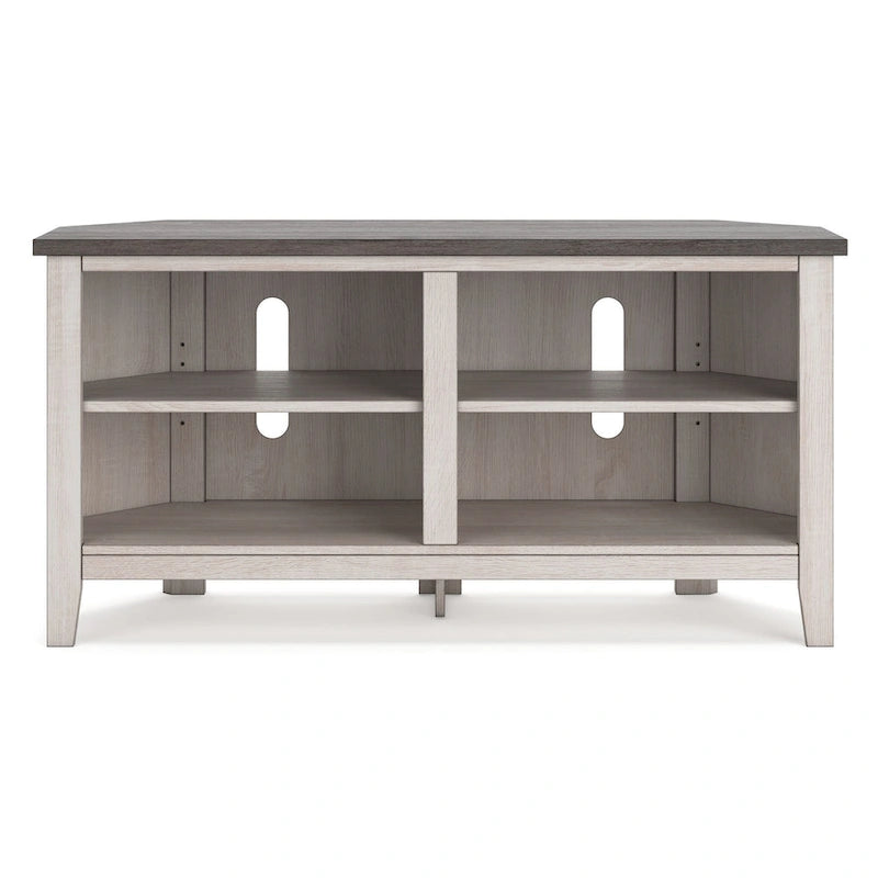 Meuble TV d'angle Elia, 4 étagères, gris, blanc rustique, 122 cm