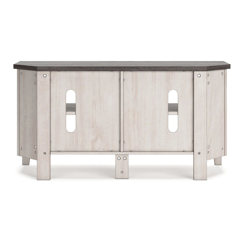 Meuble TV d'angle Elia, 4 étagères, gris, blanc rustique, 122 cm