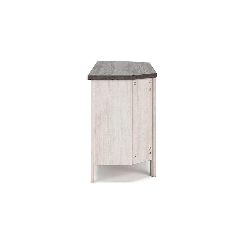 Meuble TV d'angle Elia, 4 étagères, gris, blanc rustique, 122 cm