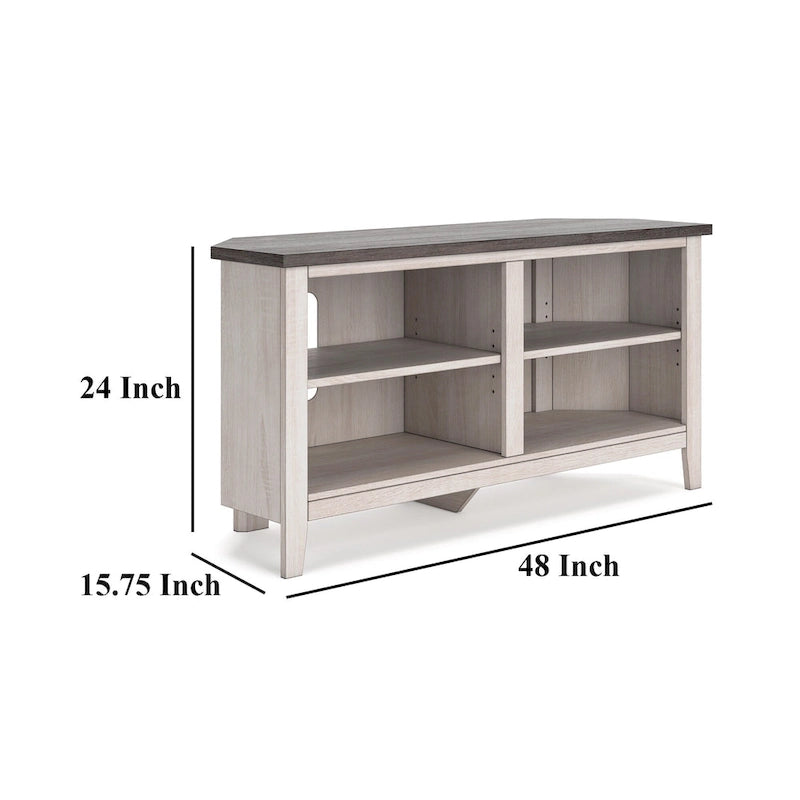 Meuble TV d'angle Elia, 4 étagères, gris, blanc rustique, 122 cm