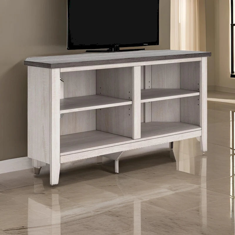 Meuble TV d'angle Elia, 4 étagères, gris, blanc rustique, 122 cm