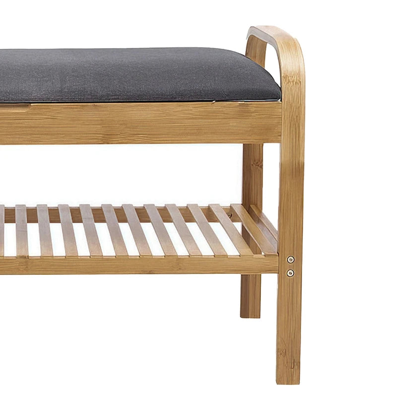 Banc de rangement pour chaussures Mindy, siège en polyester gris, bambou marron noyer, 91 cm