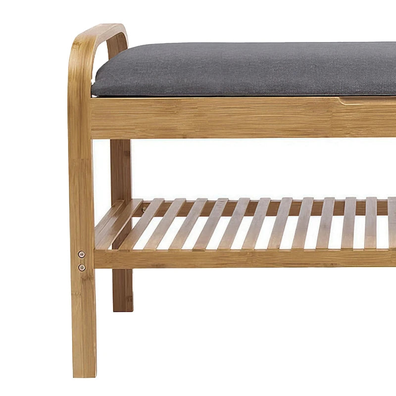Banc de rangement pour chaussures Mindy, siège en polyester gris, bambou marron noyer, 91 cm