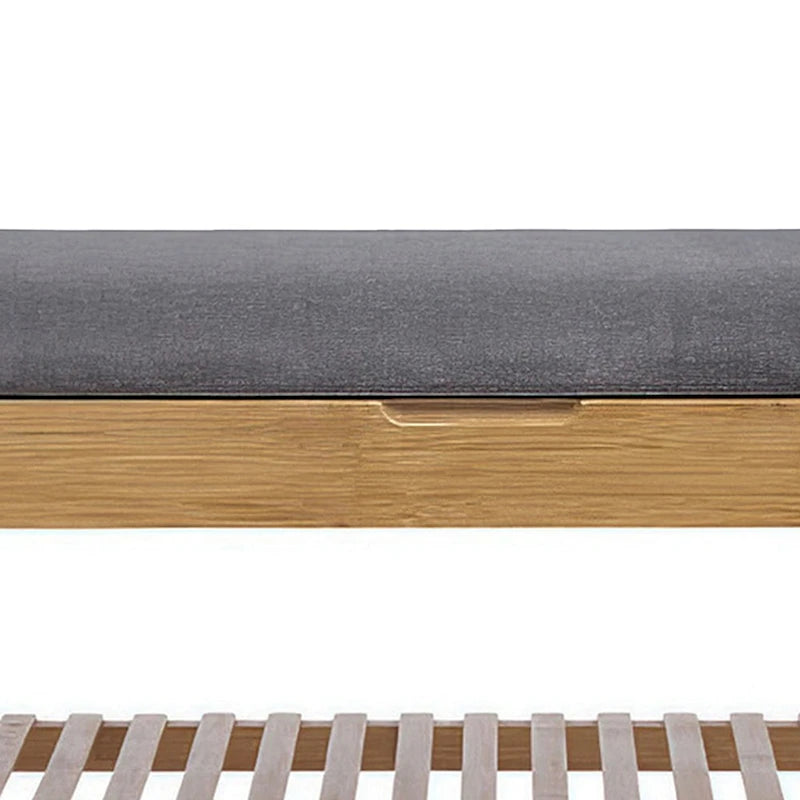 Banc de rangement pour chaussures Mindy, siège en polyester gris, bambou marron noyer, 91 cm