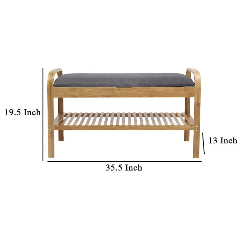 Banc de rangement pour chaussures Mindy, siège en polyester gris, bambou marron noyer, 91 cm