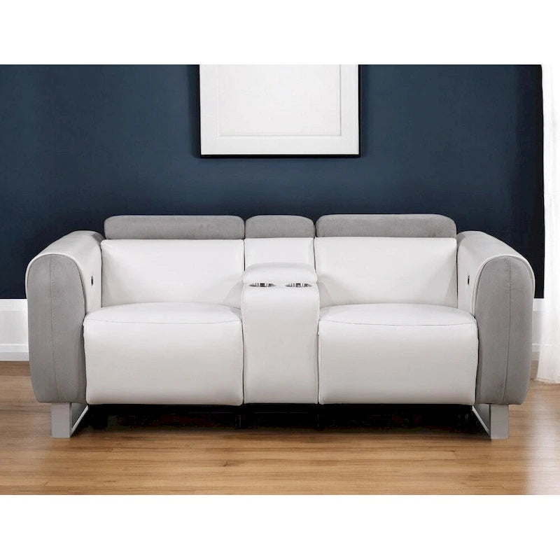 HomeRoots 77 Causeuse inclinable électrique en similicuir et microfibre gris, blanc et argent avec rangement - 76,5 po x 31,25 po x 40 po