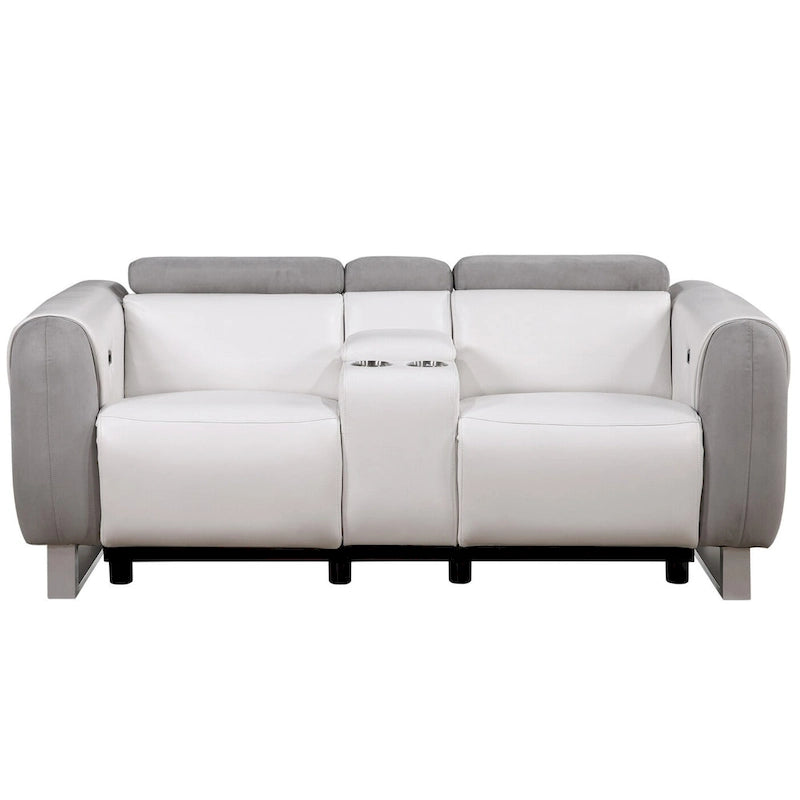 HomeRoots 77 Causeuse inclinable électrique en similicuir et microfibre gris, blanc et argent avec rangement - 76,5 po x 31,25 po x 40 po
