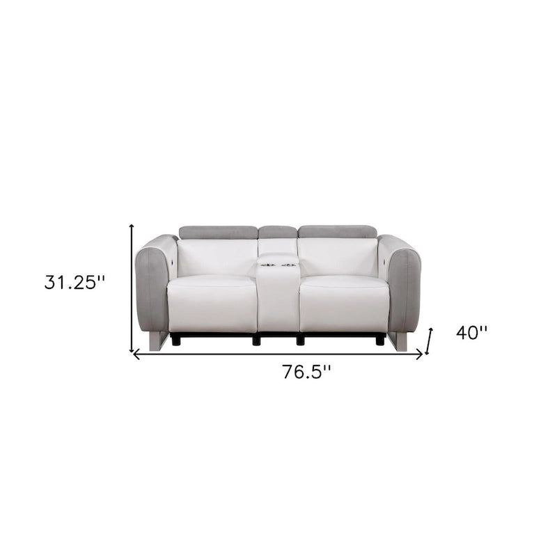 HomeRoots 77 Causeuse inclinable électrique en similicuir et microfibre gris, blanc et argent avec rangement - 76,5 po x 31,25 po x 40 po
