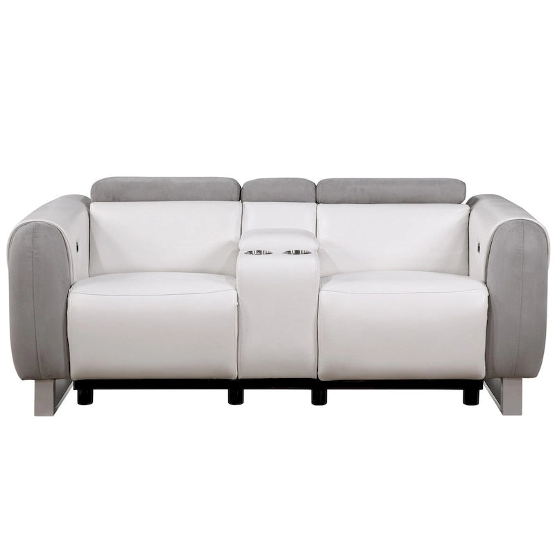 HomeRoots 77 Causeuse inclinable électrique en similicuir et microfibre gris, blanc et argent avec rangement - 76,5 po x 31,25 po x 40 po
