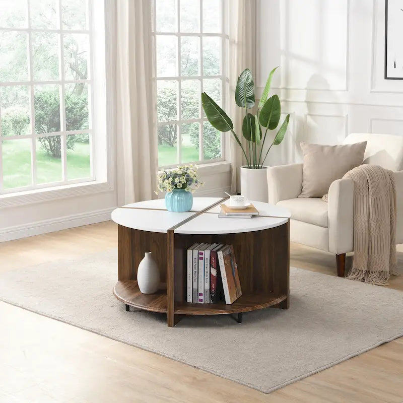 Table Basse Ronde Industrielle, Table Basse Double Couche avec Espace de Rangement, pour Salon et Jardin, Blanc